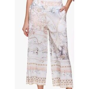 Charlie Printed Linen Blend Cropped Pull On Pants Atlas Wide Leg Pockets Sz 14